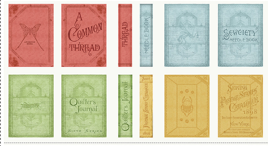 Sew Journal - 24in. Canvas PANEL - Book Cover- red,blue,green & gold book covers