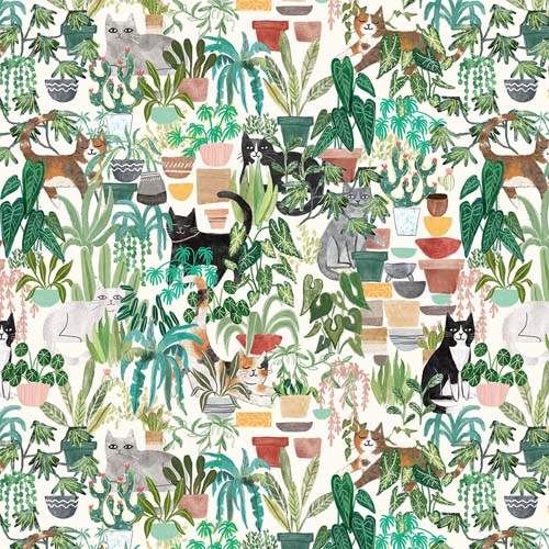 Homebodies - Hidden Cats - Light Cream - cats among plants on cream