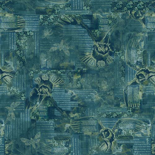 Night Whispers - Owl Collage - Dark Teal - tone on tone teal owls & text