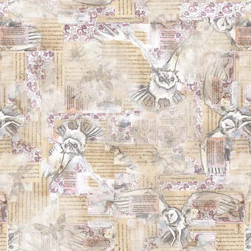 Night Whispers - Owl Collage - Khaki - tone on tone lt tan owls & text