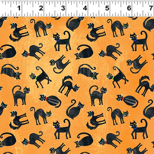 Haunted Hollow - Scaredy Cats- Light Orange - tossed black cats on orange