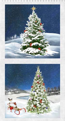 Winter's Eve - Digital Christmas Tree PANEL 24" - Mist Gray -  2 tree blocks