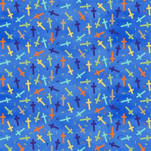 Faith -Digital Crosses-Dark Blue- multi colored crosses tossed on blue