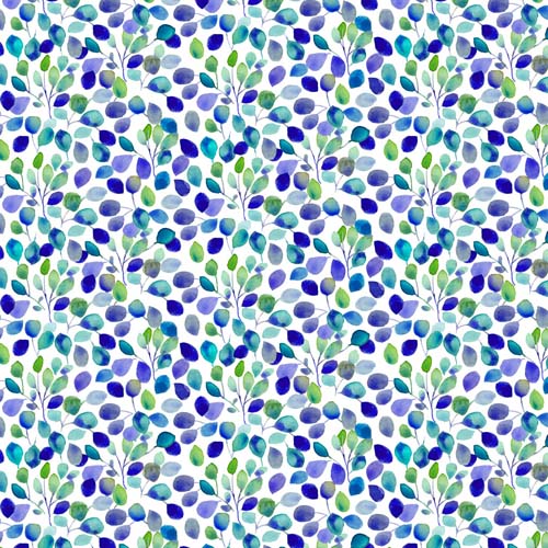 Blue Meadow - Leaves - White - leaves in blues & green on white