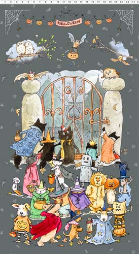 Halloween Parade - PANEL 24in. - Trick or treaters at the gate on gray