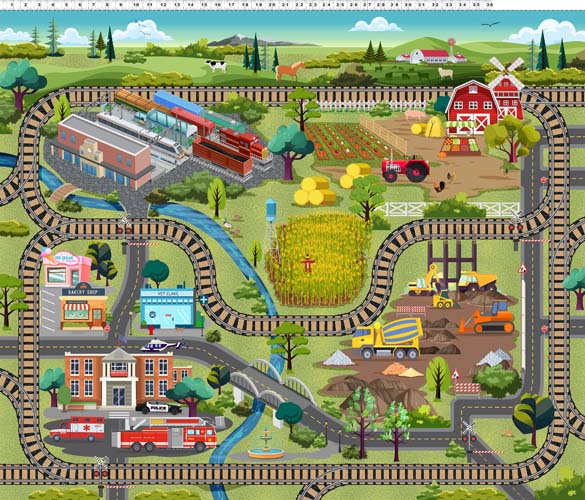 Let's Go! - PANEL 1yd. CanvasTrain Track - Multi - play mat w/ town&tracks (123)