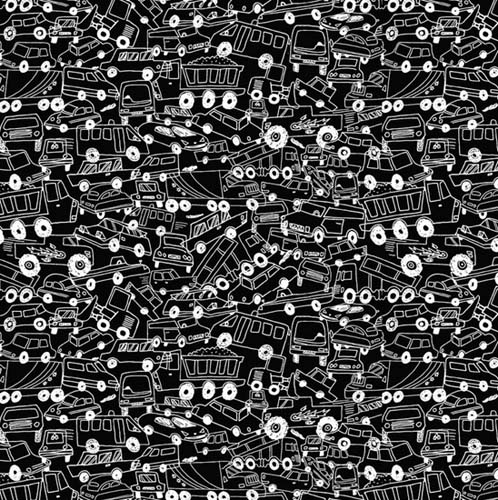 Move Me - Rush Hour - Black - packed line drawings cars & trucks on black