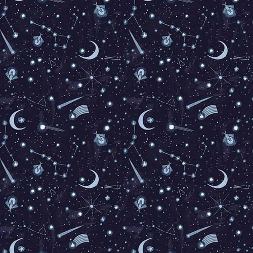 Lantern Light - Night Sky - Indigo - stars, moons, comets on dark blue