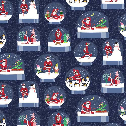 Namasanta - Snowglobe - Navy -  santas in yoga poses in snowglobes on blue