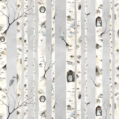 Moonflower - Hoot - Mist - Trunks of birch trees with owl on misty gray.