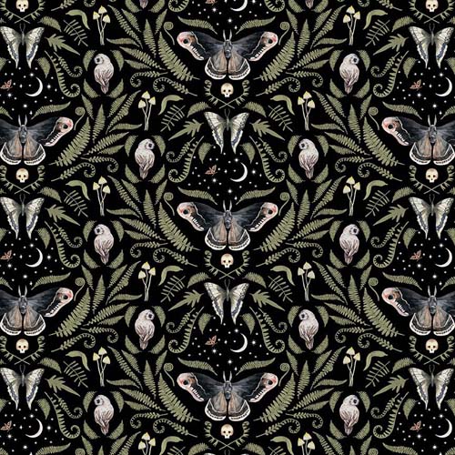 Moonflower - Moonflower - Midnight - Moths & small owls with greenery on black
