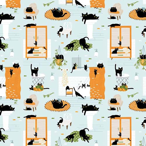 Feline Fancy - Kitty Wash- Icy - black kittys around the house on lt blue