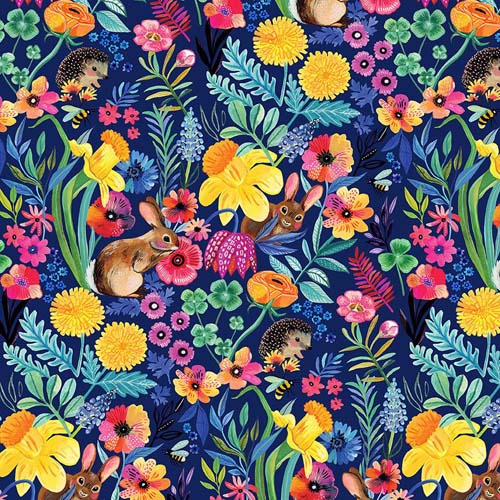 Somebunny to Love - Hip Hopper - Navy - Bunnies & Hedgehogs hiding among