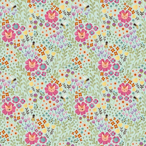 Curious Garden - Feline Floral - Multi - Cats as centers of flowers on light aqu