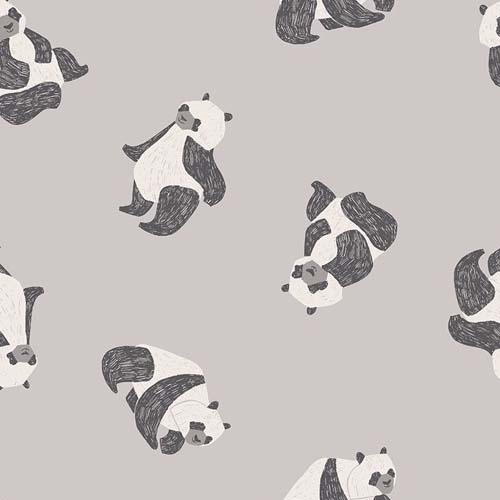 New Here Flannel - Pandas - Fog - Tossed Pandas on gray