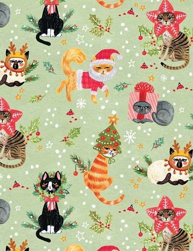 Not Ameowsed - Minky Holiday - holiday cats on green - 100% polyester 58/60 wide