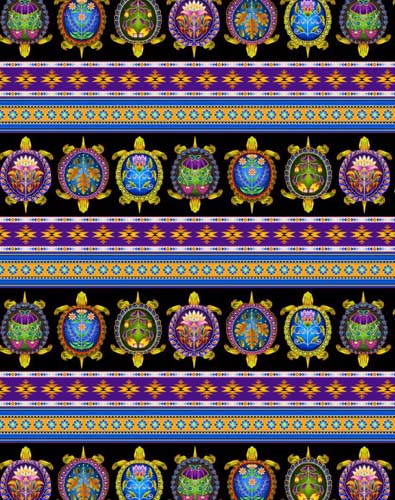 Indigenous Turtles - Black - Stripe - multi color turtles & stripes on black