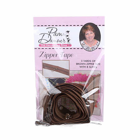 Zipper Tape - Brown - 3 Yards of Brown Zipper Tape With 8 Slides-From Pam Damo