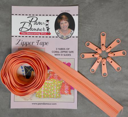 Zipper Tape - Coral - 3 Yards of Coral Zipper Tape With 8 Slides-From Pam Damo