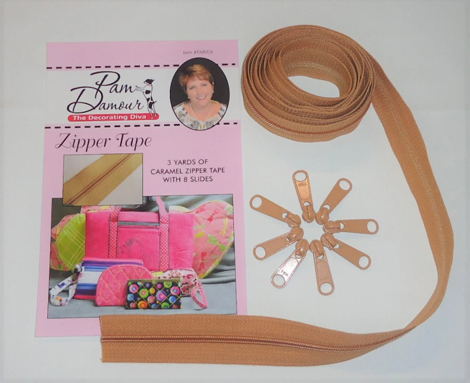 Zipper Tape -Caramel - 3 Yards of Brown Zipper Tape With 8 Slides-From Pam Damo