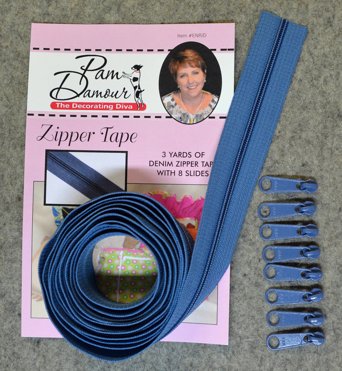 Zipper Tape - Denim - 3 Yards of Blue Zipper Tape With 8 Slides-From Pam Dam