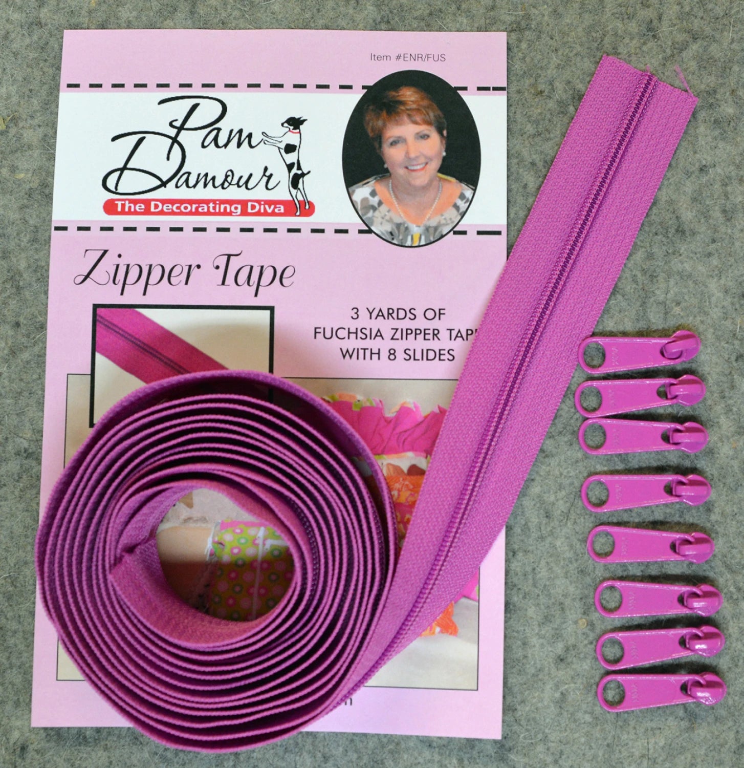 Zipper Tape- Fuchsia - 3 Yardsof Fuchsia Tape With 8 Slides-From Pam Damou