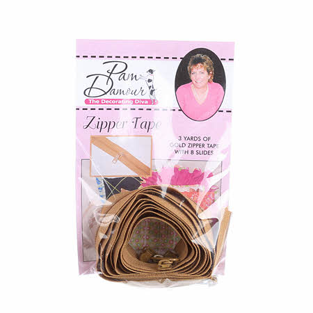 Zipper Tape - Gold - 3 Yards of Gold Zipper Tape With 8 Slides-From Pam Damou