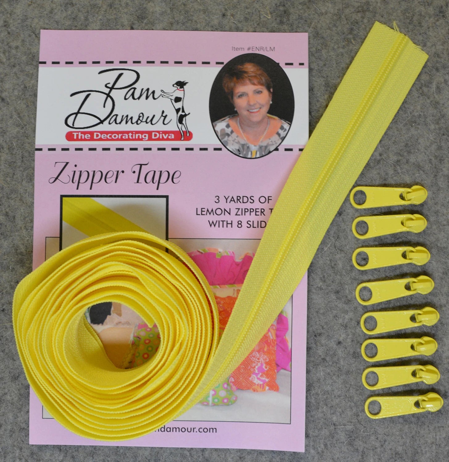 Zipper Tape - Lemon - 3 Yards of Lemon  Zipper Tape With 8 Slides-From Pam Damo