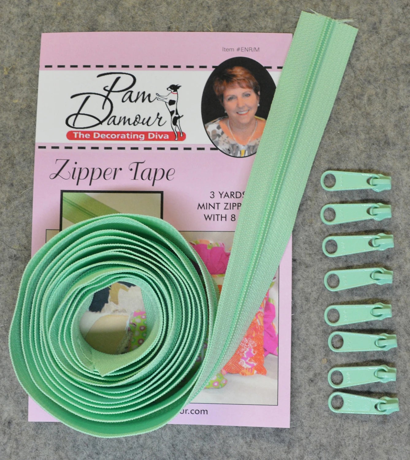 Zipper Tape - Mint - 3 Yards of Mint Zipper Tape With 8 Slides-From Pam Damo