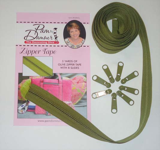 Zipper Tape -Olive - 3 Yards of Green Zipper Tape With 8 Slides-From Pam Damo