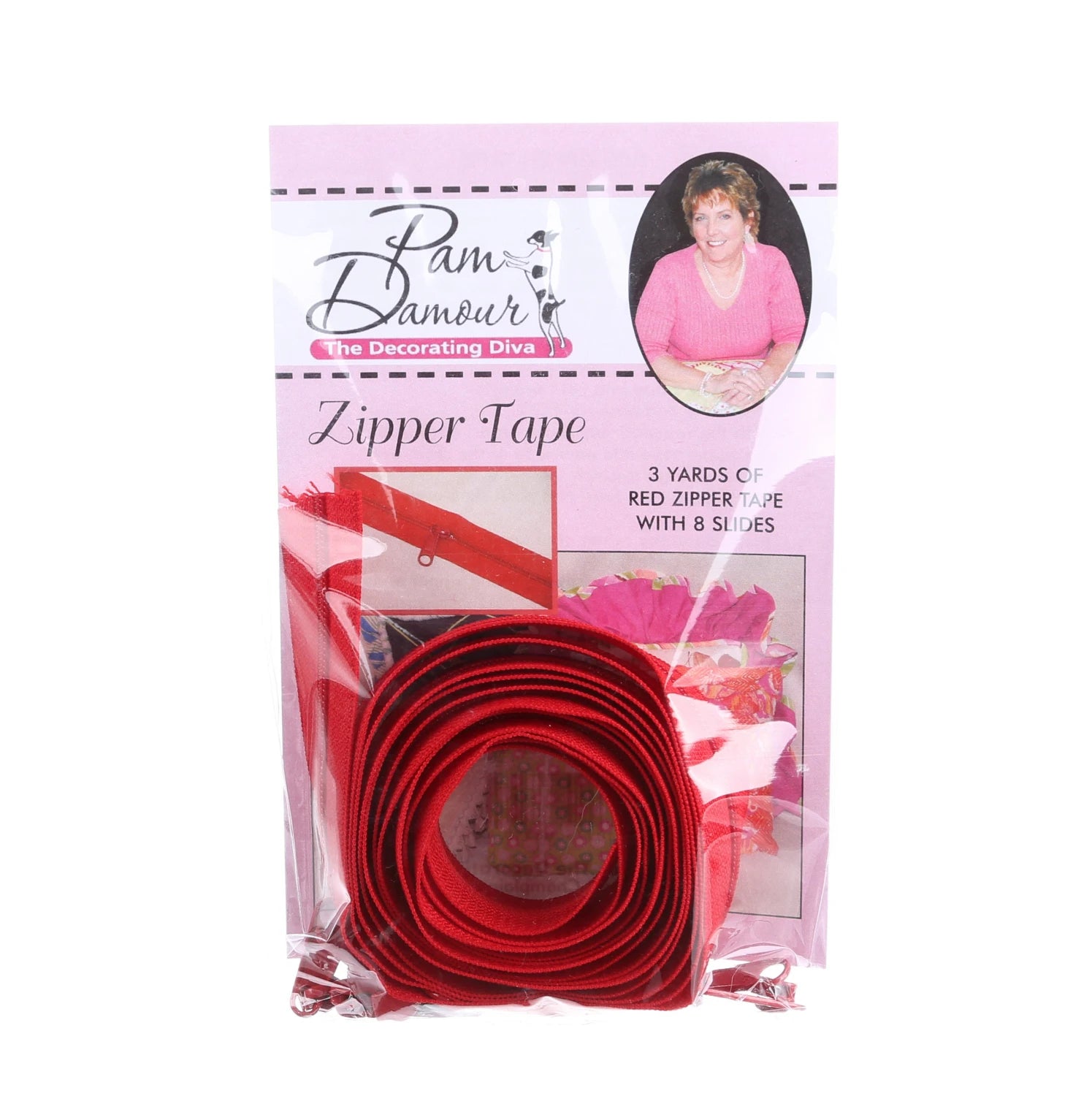 Zipper Tape - Red- 3 Yards of Red Zipper Tape With 8 Slides-From Pam Damo