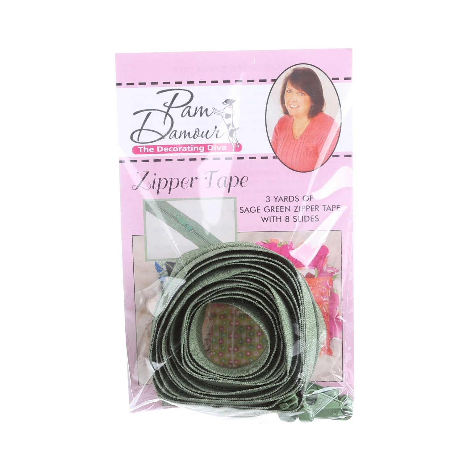 Zipper Tape - Sage - 3 Yards of Sage  Zipper Tape With 8 Slides-From Pam Damo