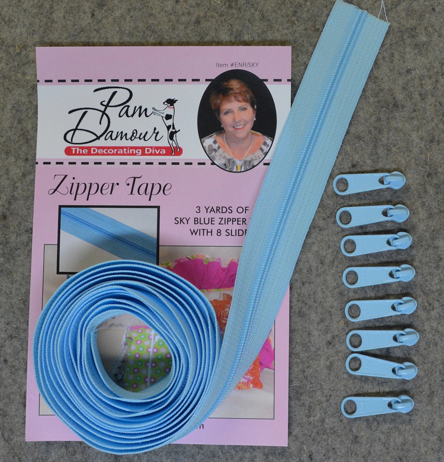 Zipper Tape - Sky Blue - 3 Yards of Sky Blue Zipper Tape With 8 Slides-Fr