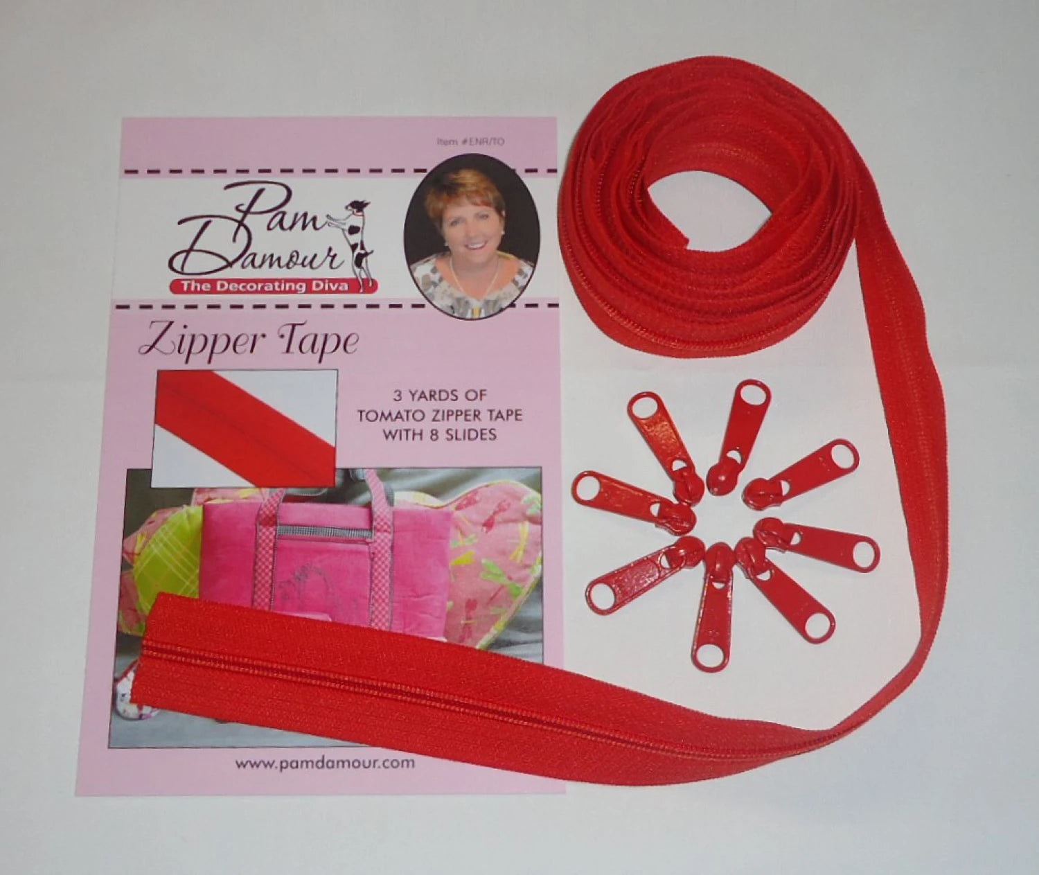 Zipper Tape -Tomato - 3 Yards of Red Zipper Tape With 8 Slides-From Pam Damo