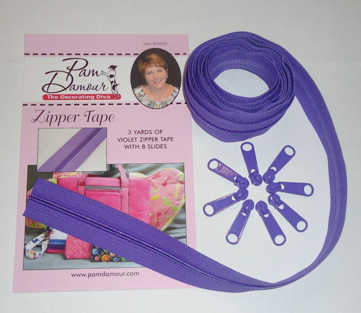 Zipper Tape -Violet - 3 Yards of Violet Zipper Tape With 8 Slides-From Pam Damo