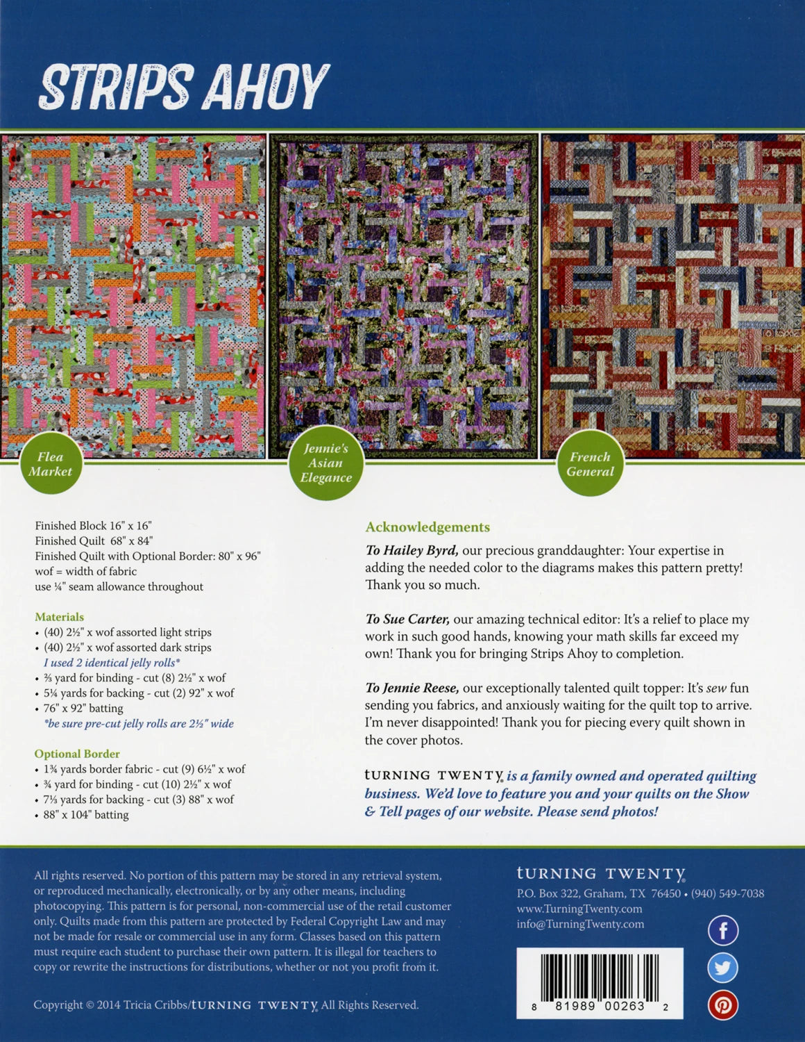Strips Ahoy pattern - multi sized quilt -  Turning Twenty by Tricia Cribbs