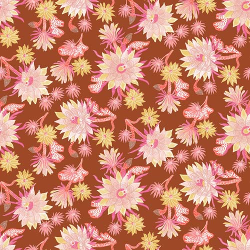Desert Sunrise - Desert Blooms - Rust - large pink & gold flowers on rust