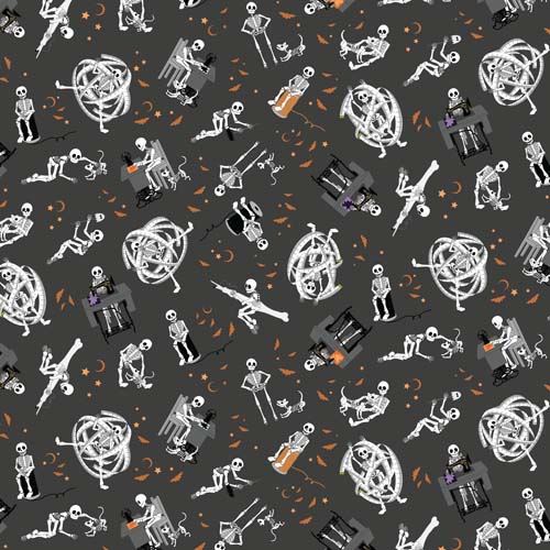 Mr. Bones Sews - Mr. Bones - Charcoal - tossed sewing skeletons