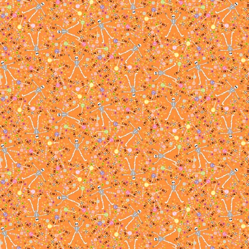 Mr. Bones Sews - Candies - Orange - skeletons & candy on orange