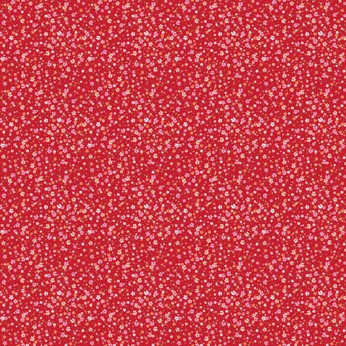 Pocket Posies- Petal Drift - Red - scattered pink & coral flowers on red