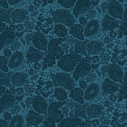 Rayon - Folktale - Blue - Large black floral on blue - 58/60 inches.