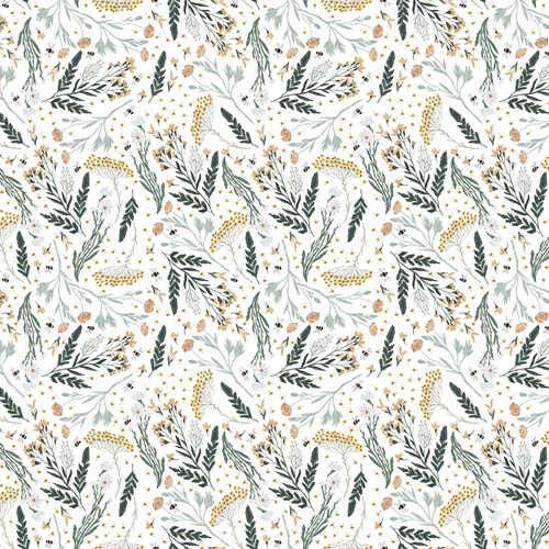 Green World - Botanical -White - tossed flowers & bees on white