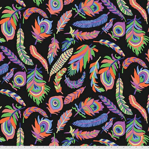 Tickle My Fancy - Black - tossed colorful feathers - Kaffe Collective - Aug 2021