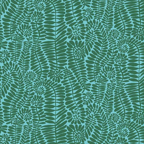 Fronds - Green - August 2022 - green fern fronds on turquoise - Kaffe Fassett