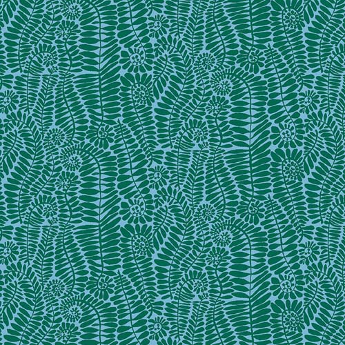 Kaffe Collective Feb. 2025 - Sm Fronds - Turquoise- green fronds on blue