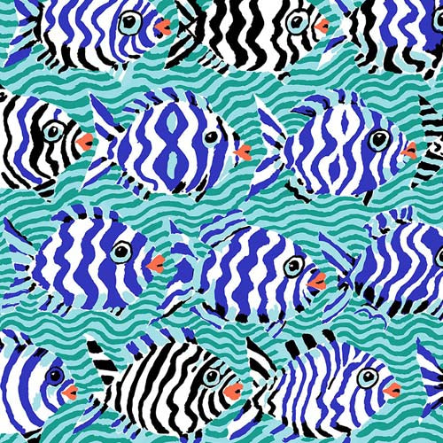 Kaffe Collective - August 2025 - Minnows - Aqua - black, blue & fish on aqua