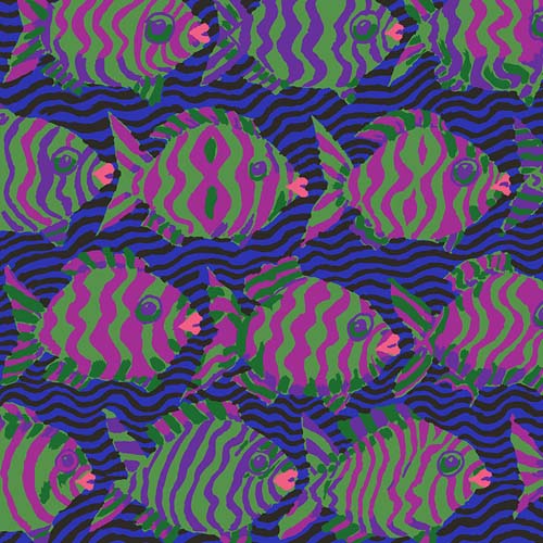 Kaffe Collective - August 2025 - Minnows - Blue - purple & green fish on blue