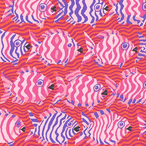 Kaffe Collective - August 2025 - Minnows - Red - pink & purple fish on red