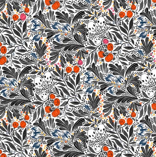 Pretty Creepy - Scatter Skull- White - Pumpkins, skulls, bats on navy foliage