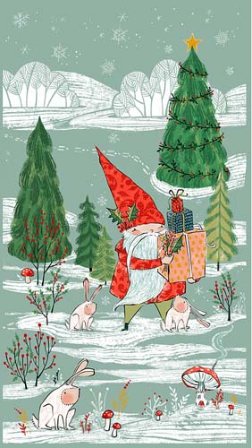 Enchanted Forest - 2/3yd PANEL - forest gnome w/ presents